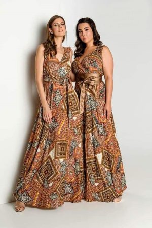 Φόρεμα maxi,ethnic εμπριμέ με κρουαζέ. Χρώμα: Χρυσό Εμπριμέ.