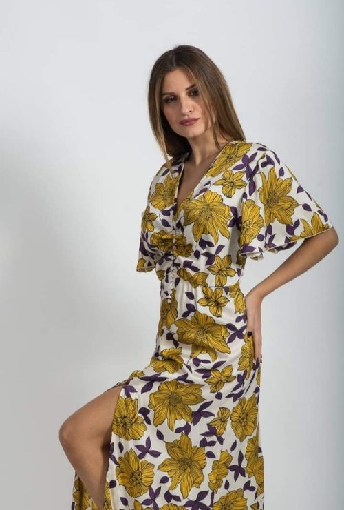 Φόρεμα maxi,από εμπριμέ floral σατέν. Με σούρα στο μπούστο και κουμπάκια. Χρώμα: Εμπριμέ Κίτρινο.