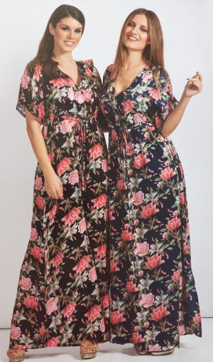 Φόρεμα maxi, από εμπριμέ σατέν floral,με κορδόνι. Χρώμα: Ίντικο Εμπριμέ.