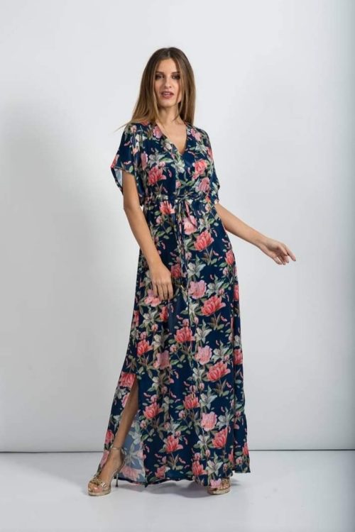 Φόρεμα maxi, από εμπριμέ σατέν floral,με κορδόνι. Χρώμα: Ίντικο Εμπριμέ.