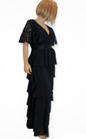 Φόρεμα maxi,με κρουαζέ από δαντέλα και βολάν φούστα. Χρώμα: Μαύρο, Γκρενά.