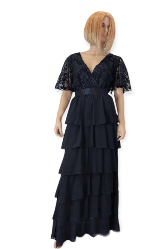 Φόρεμα maxi,με κρουαζέ από δαντέλα και βολάν φούστα. Χρώμα: Μαύρο, Γκρενά.