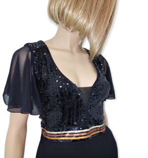 Φόρεμα maxi,με μπούστο από παγιέτα και διαφάνεια. Ζώνη από παγιέτα τρίχρωμη. Χρώμα: Μαύρο.