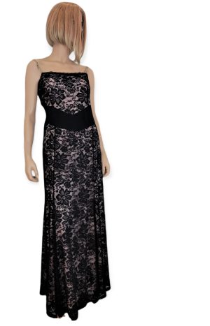 Φόρεμα με τιράντα Maxi,και πλεκτή ελαστική δαντέλα. Χρώμα: Μαύρο με Ροζ.