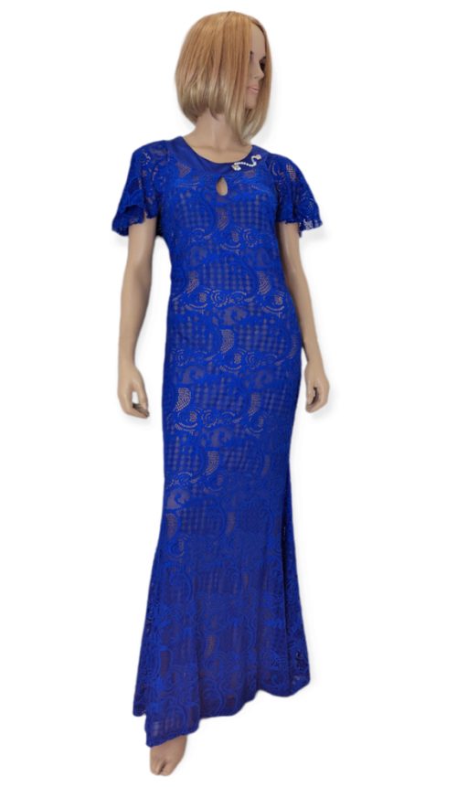 Φόρεμα maxi δαντέλα γοργονέ, με κεντημά στη λαιμόκοψη. Χρώμα: Ρουά με Μπέζ.