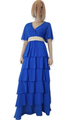Φόρεμα Maxi από ζορζέτα κρουαζέ,φούστα όλο  βολάν. Χρώμα: Μπλέ.