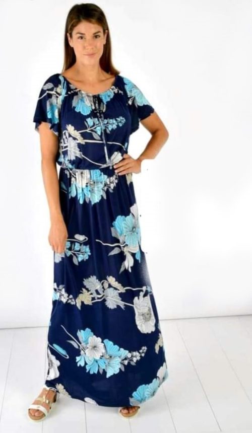 Φόρεμα maxi,από floral μαγιόπανο, με λάστιχο στη μέση. Χρώμα: Μπλε Εμπριμέ floral.