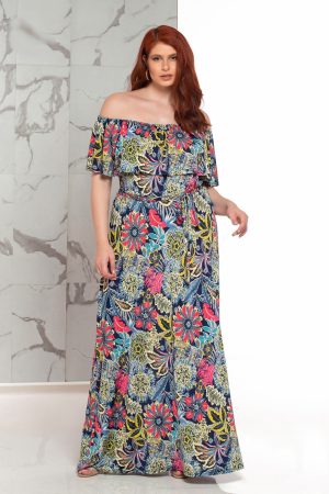 Φόρεμα εμπριμέ Floral maxi με λάστιχο και βολάν στους ώμους. Χρώμα: Εμπριμέ Τύπος .