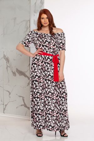 Φόρεμα maxi Floral,με Λάστιχο Στον Ώμο. Χρώμα: Μαύρο με Κόκκινο Εμπριμέ.