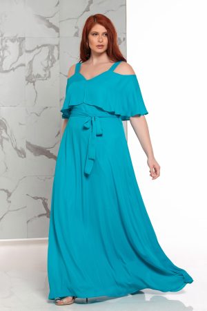 Φόρεμα maxi cocktail με βε που έχει  βολάν ντραπέ,και ράντα που σχηματίζουν τρύπα στον ώμο. Χρώμα: Τυρκουάζ.