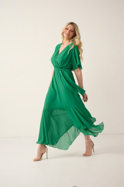 Φόρεμα maxi Κρουαζέ στο τελείωμα με βολάν και ντραπέ. Χρώμα: Πράσινο, Φουξ.