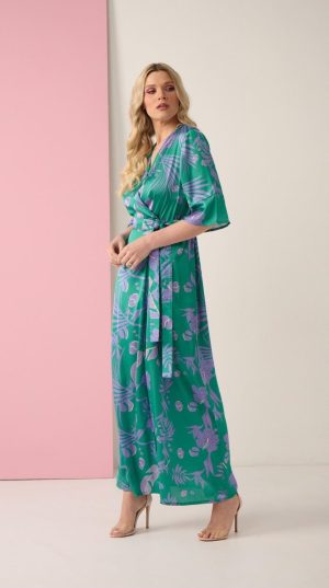 Φόρεμα Maxi σατέν Floral,κρουαζέ. Χρώμα:  Πράσινο Floral.