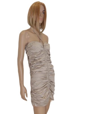 Φόρεμα mini τιράντα  εξώπλατο με σούρες και φερμουάρ. Χρώμα: Mπεζ.