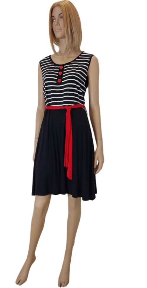 Φόρεμα ριγέ με κουμπιά και ζώνη. Χρώμα: Μαύρο με Λευκό και κόκκινο.
