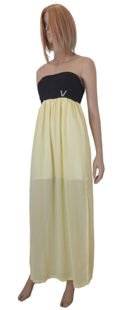 Φόρεμα maxi στράπλες απο ελαστική βισκόζη.Χρώμα: Μαύρο με Κίτρινο - Μαύρο με Μπεζ. 