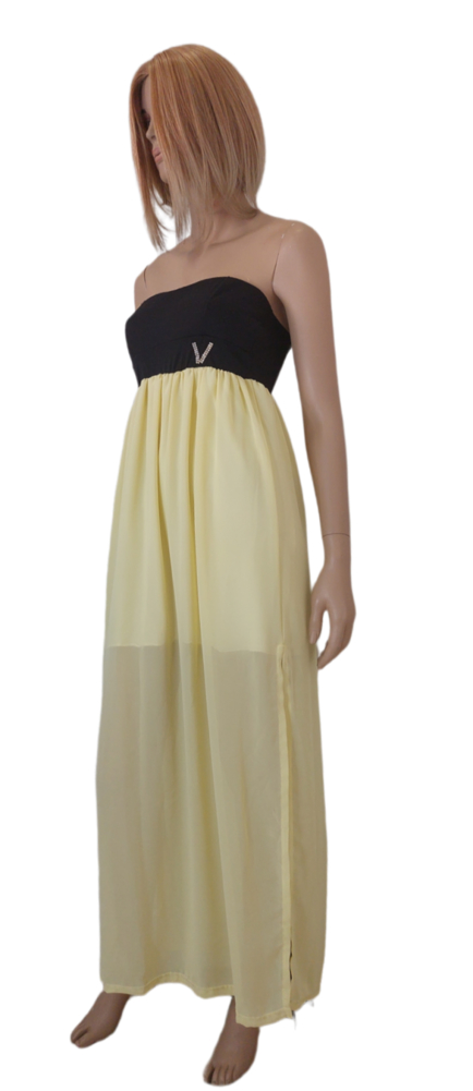 Φόρεμα maxi στράπλες απο ελαστική βισκόζη.Χρώμα: Μαύρο με Κίτρινο - Μαύρο με Μπεζ. 