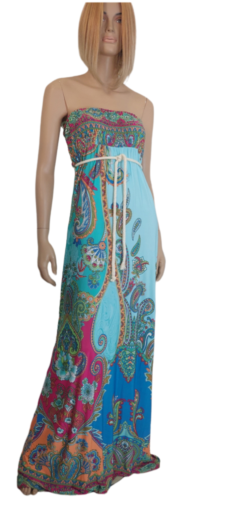 Φόρεμα maxi εμπριμέ με σούρες μαγιόπανο. Χρώμα: Μέντα .