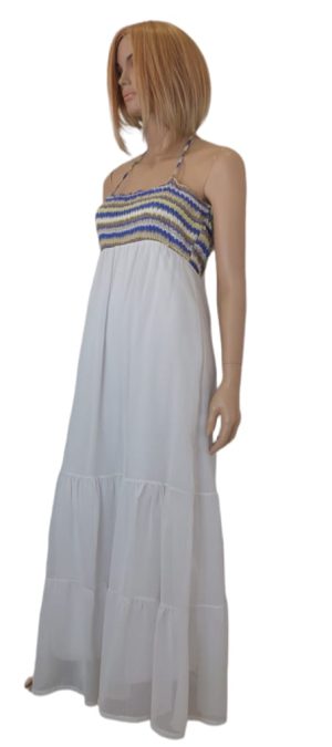Φόρεμα maxi zorzeta με σούρες και δέσιμο. Χρώμα: Λευκό.