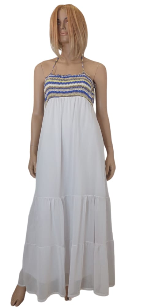 Φόρεμα maxi zorzeta με σούρες και δέσιμο. Χρώμα: Λευκό.