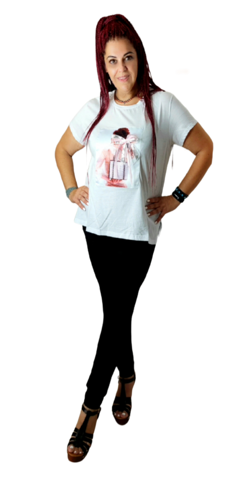 T-shints με απλικέ φωτογραφία ''κοπέλα με τσάντα''. Χρώμα: Μαύρο, Λευκό.