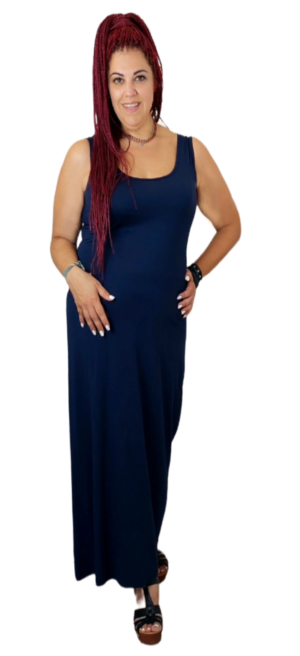 Φόρεμα αμάνικο maxi με μοτίβ στην πλάτη. Χρώμα: Μπλε.