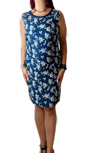 Φόρεμα τζιν με λουλούδια midi αμανίκο. Χρώμα: Τζιν (denim) Μπλέ .