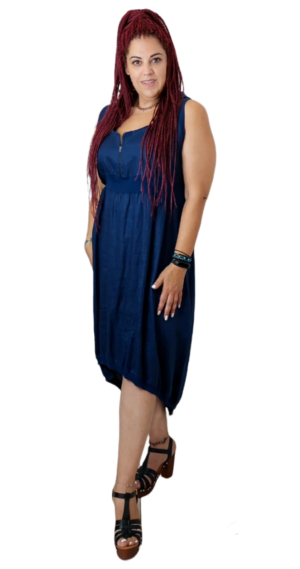 Φόρεμα αμάνικο balloon με κουκούλα, φερμουάρ και λαστιχα. Χρώμα: Μπλε-Ραφ.