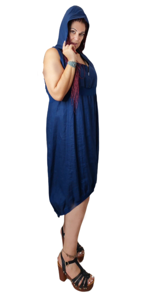 Φόρεμα αμάνικο balloon με κουκούλα, φερμουάρ και λαστιχα. Χρώμα: Μπλε-Ραφ.
