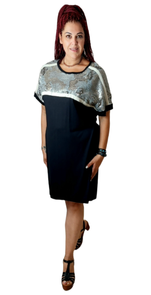Φόρεμα μίντι με παγιέτα και διακοσμητική τρέσα. Χρώμα: Μαύρο με Ασημί.