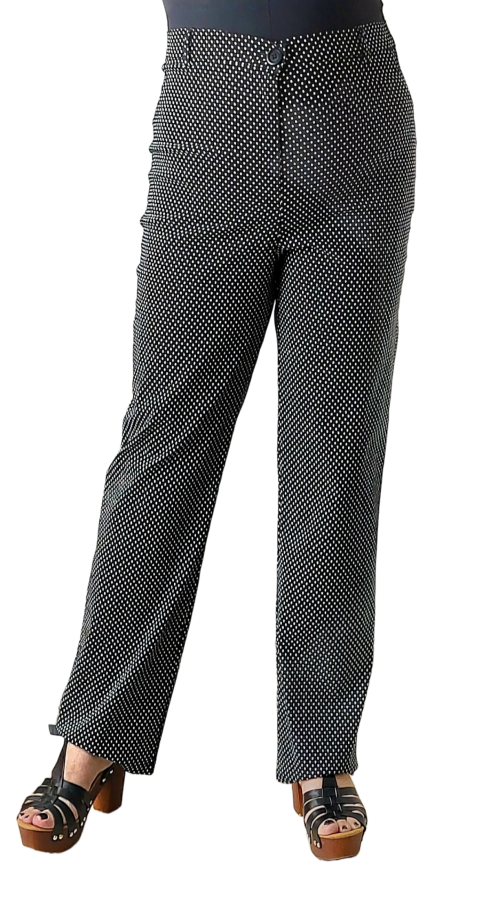 Παντελόνι πουά, ίσιο ελαστική καμπαρντίνα . Χρώμα: Μαύρο με Λεύκο.