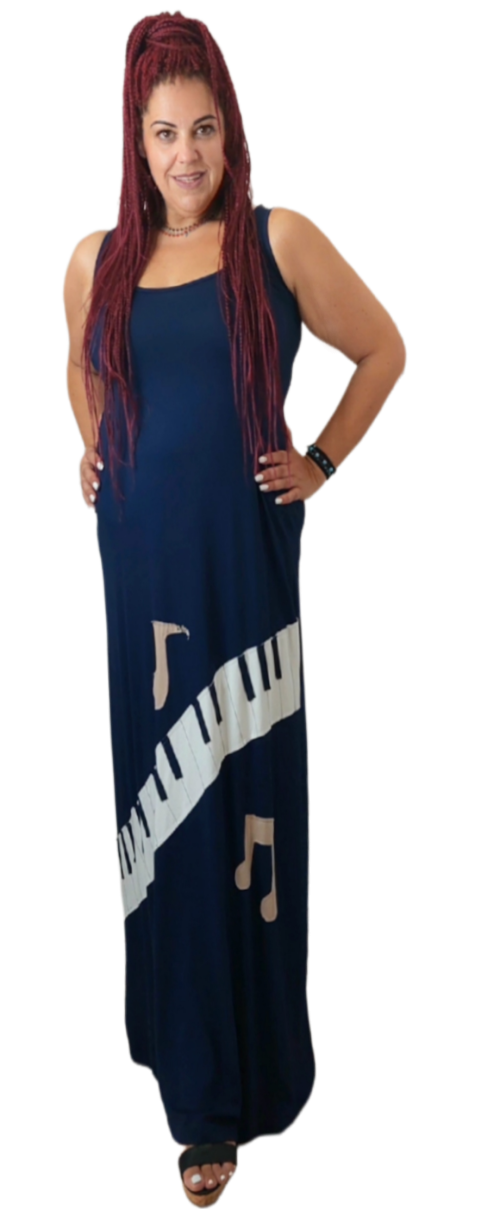 Φόρεμα αμάνικο maxi με απλικέ 'πληκτρα πιάνου'. Χρώμα: Μπλέ.