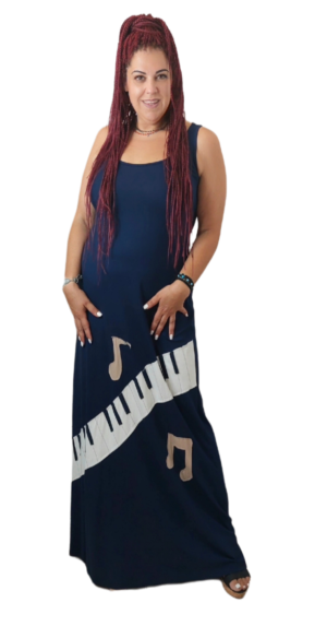 Φόρεμα αμάνικο maxi με απλικέ 'πληκτρα πιάνου'. Χρώμα: Μπλέ.