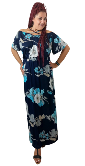 Φόρεμα maxi,από floral μαγιόπανο, με λάστιχο στη μέση. Χρώμα: Μπλε Εμπριμέ floral.