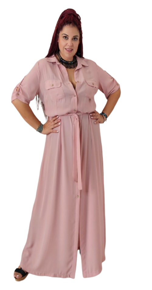 Φόρεμα maxi σεμιζιέ, με πέτο γιακά. Χρώμα: Ροζ.
