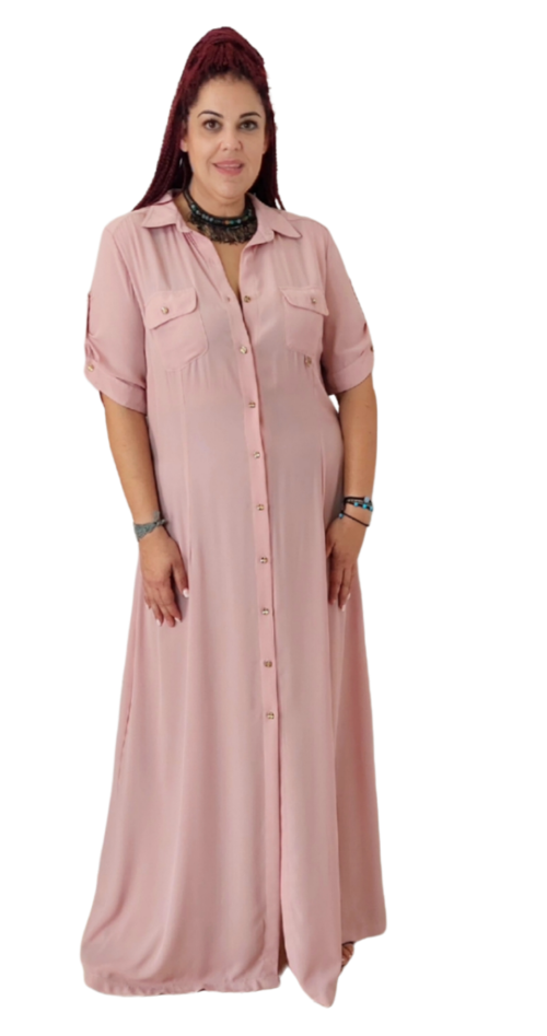 Φόρεμα maxi σεμιζιέ, με πέτο γιακά. Χρώμα: Ροζ.