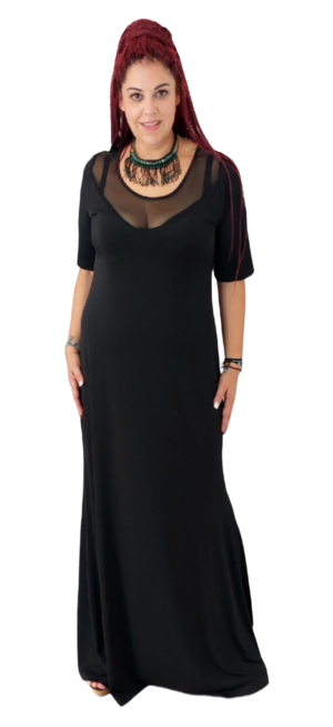 Φόρεμα Super Jersey maxi με ντεκολτέ. (Διαθέσιμο μόνο κοντομάνικο).Διαφάνεια. Χρώμα: Μαύρο.