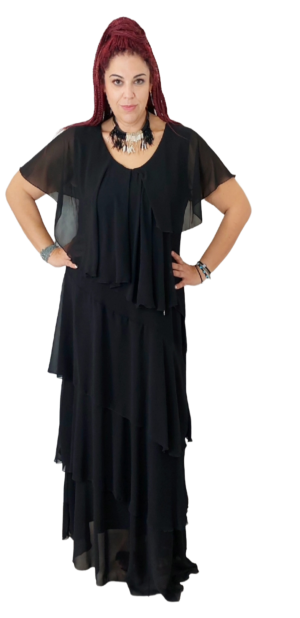 Φόρεμα Maxi βε,όλο με ακανόνιστα βολάν. Χρώμα: Μαύρο.