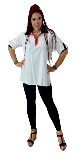 Πουκάμισο μπλούζα με άλλο χρώμα γιακά πατιλέτα και μανσετα. Χρώμα: Λέυκο με Μαύρο και  Κόκκινο.