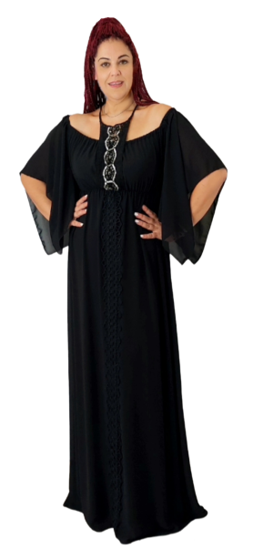 Φόρεμα maxi με διακοσμητική δαντελένια τρέσα που δένει στο λαιμό. Χρώμα: Μαύρο, Εκρού.