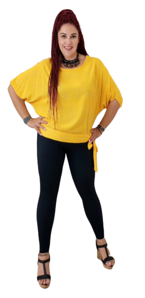 Μπλούζα πουά χαμόγελο με μανίκι νυχτερίδα και μπάσκα με δέσιμο. Χρώμα:  Κίτρινο Με Τυρκουάζ, Πορτοκαλί Με Μωβ .