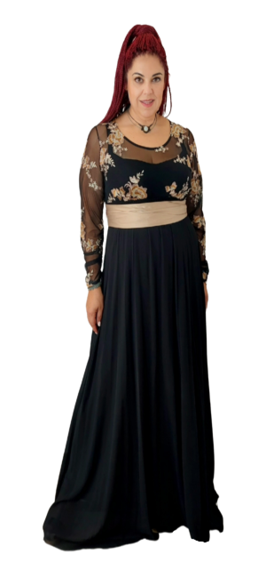 Φόρεμα maxi,με απλικέ κέντημα στο μπούστο. Χρώμα: Μαύρο με Χρυσό.