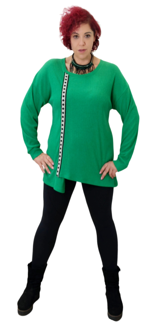 Μπλούζα πλεκτή ρίπ,με μεγάλο ντεκολτέ και υφαντή τρέσα. Χρώμα: Λαίμ, Πράσινο.