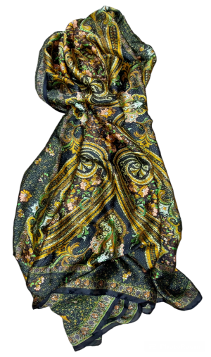 Πασμίνα από σατέν,με σχέδια Boho από λαχούρι και floral. Χρώμα: Μαύρο με Λάδι.