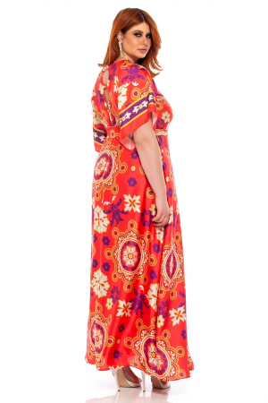 Φόρεμα maxi με έθνικ σχέδια από σατέν. Χρώμα: Κοραλί Εμπριμέ.