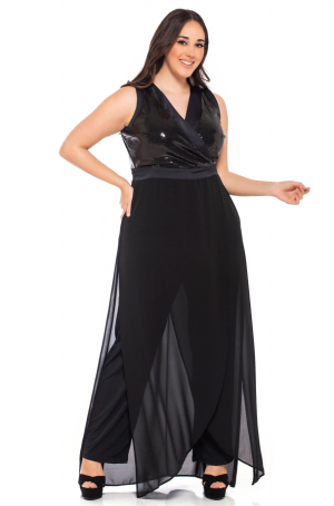 Φόρμα ολόσωμη κρουαζέ με μπούστο από παγιέτα. Χρώμα:  Μαύρο.