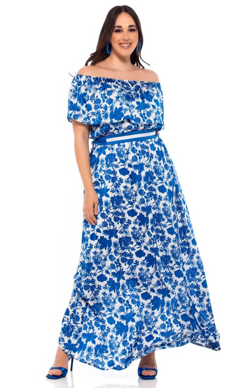 Φόρεμα maxi με βολάν και έξω ώμους από σατέν εμπριμέ. Χρώμα: Λευκό με Μπλε.