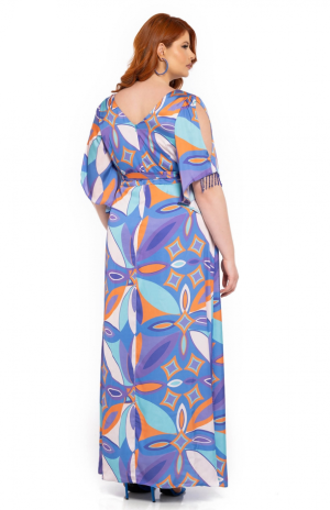 Φόρεμα maxi σατέν με βε και γεωμετρικά σχέδια, μανίκια με τρύπες και κρυσταλλάκια. Χρώμα: Μωβ Εμπριμέ.