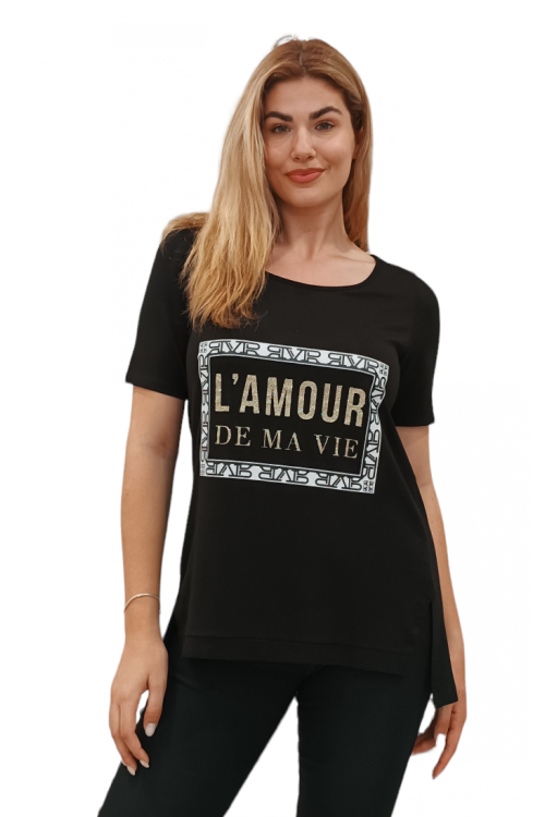 Μπλούζα χαμόγελο με στάμπα (L'AMOUR DE MA VIE). Χρώμα: Μαύρο, Κοραλί.