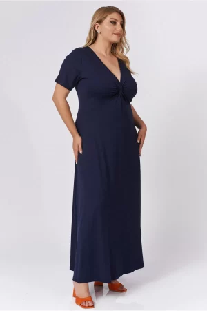Φόρεμα maxi  βε ντεκολτέ με κόμπο. Χρώμα: Μαύρο, Μπλε, Χακί, Ματζέντα .