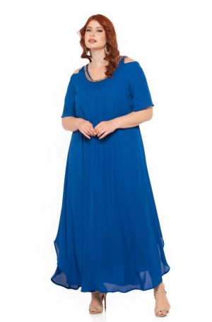 Φόρεμα maxi σε άλφα γραμμή με μοτίφ στην πλάτη. Χρώμα:  Ρούα.